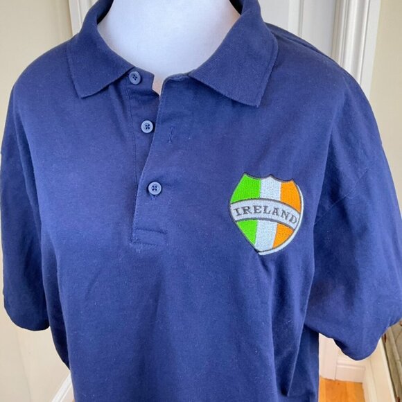 Gildan Shirt Polo Ireland Crest Blue Cotton Embroidered Patch Short Sleeve (L) - Picture 2 of 7